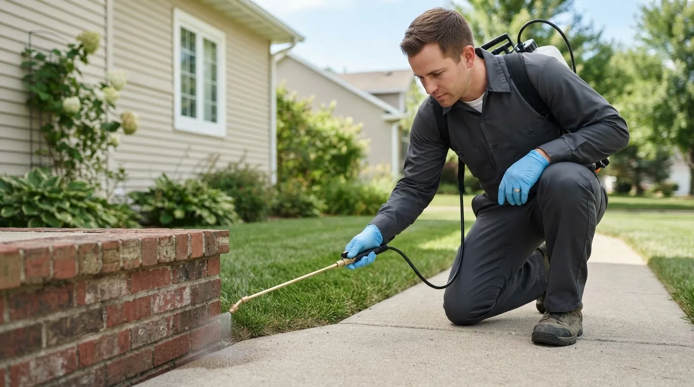 Pest control technician treating a home near East Freedom, PA