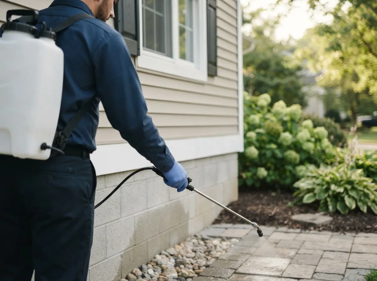 Pest control technician inspecting a home in East Freedom, PA